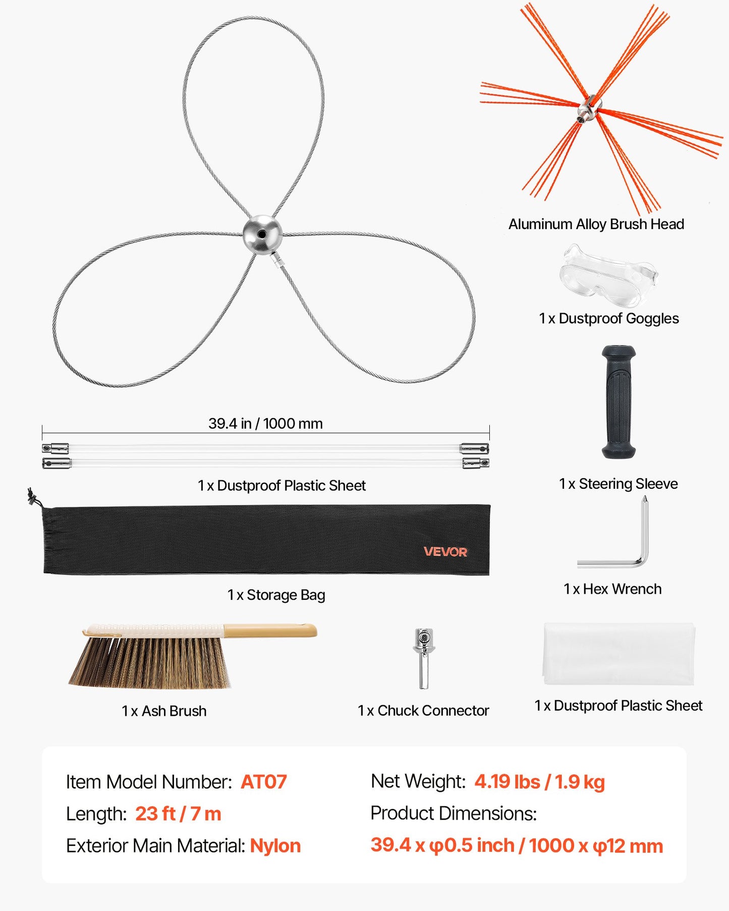 Chimney Sweep Kit, 23 ft Maximum Extendable Length Chimney Brush, Chimney Cleaner Sweeper with Dual Brush Heads, Brush & Goggles, Fireplace Cleaning Tool for Square, Rectangle, Arch Chimneys