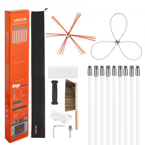 Chimney Sweep Kit, 30 ft Maximum Extendable Length Chimney Brush, Chimney Cleaner Sweeper with Dual Brush Heads, Brush & Goggles, Fireplace Cleaning Tool for Square, Rectangle, Arch Chimneys