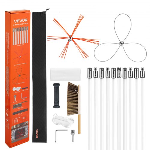 Chimney Sweep Kit, 33 ft Maximum Extendable Length Chimney Brush, Chimney Cleaner Sweeper with Dual Brush Heads, Brush & Goggles, Fireplace Cleaning Tool for Square, Rectangle, Arch Chimneys