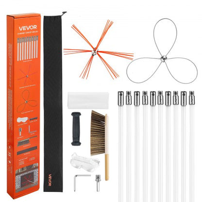 Chimney Sweep Kit, 33 ft Maximum Extendable Length Chimney Brush, Chimney Cleaner Sweeper with Dual Brush Heads, Brush & Goggles, Fireplace Cleaning Tool for Square, Rectangle, Arch Chimneys
