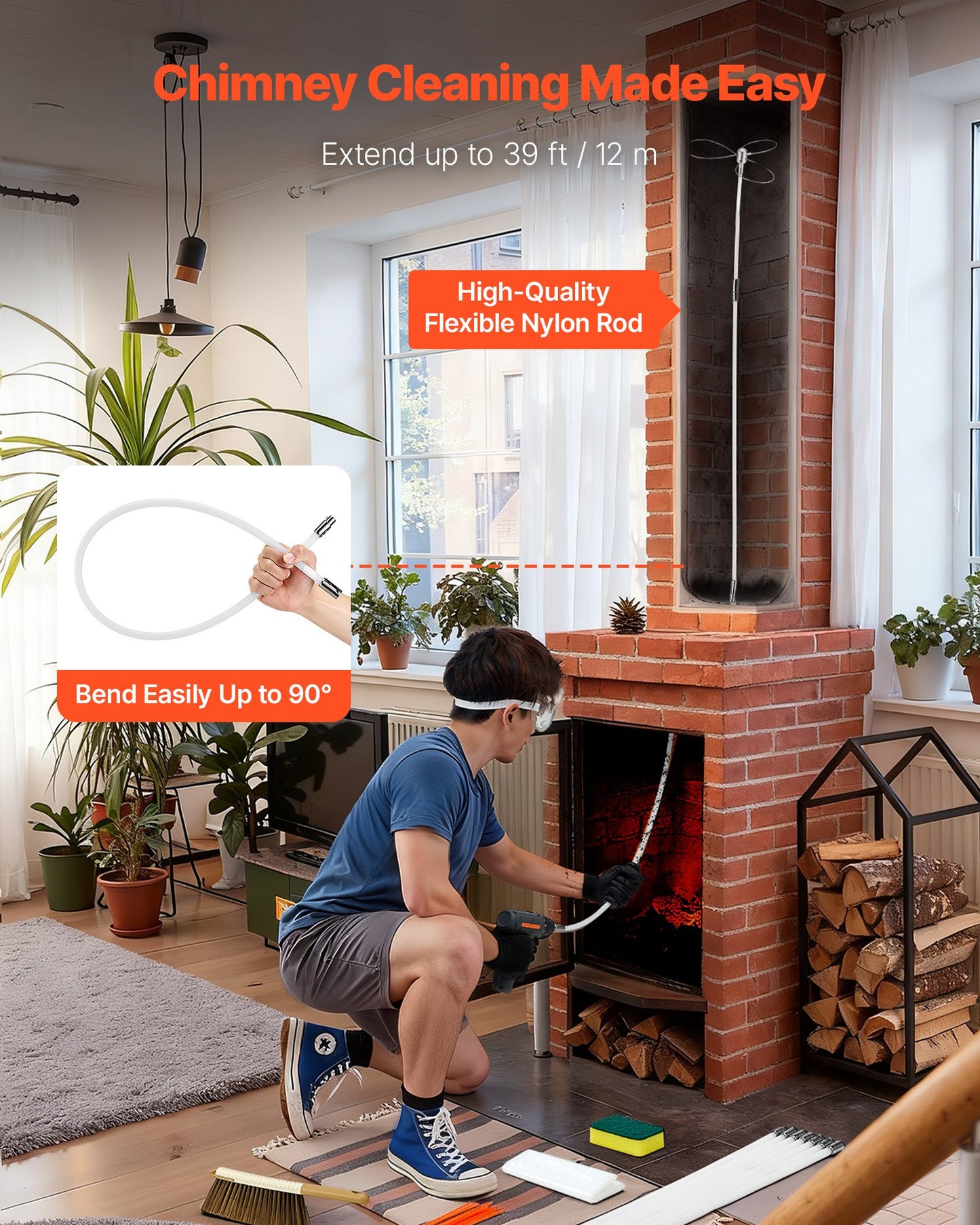 Chimney Sweep Kit, 39 ft Maximum Extendable Length Chimney Brush, Chimney Cleaner Sweeper with Dual Brush Heads & Bristle Replacements, Fireplace Cleaning Tool for Square, Rectangle Chimneys