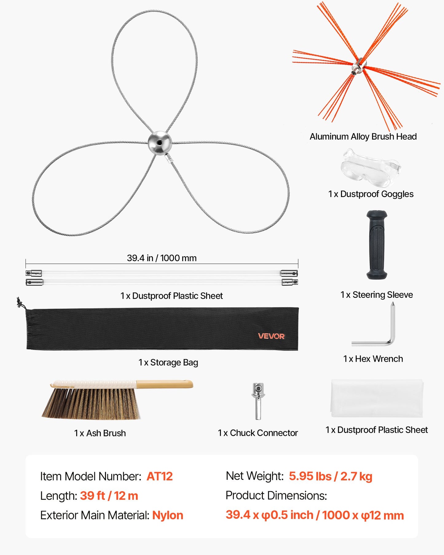Chimney Sweep Kit, 39 ft Maximum Extendable Length Chimney Brush, Chimney Cleaner Sweeper with Dual Brush Heads & Bristle Replacements, Fireplace Cleaning Tool for Square, Rectangle Chimneys