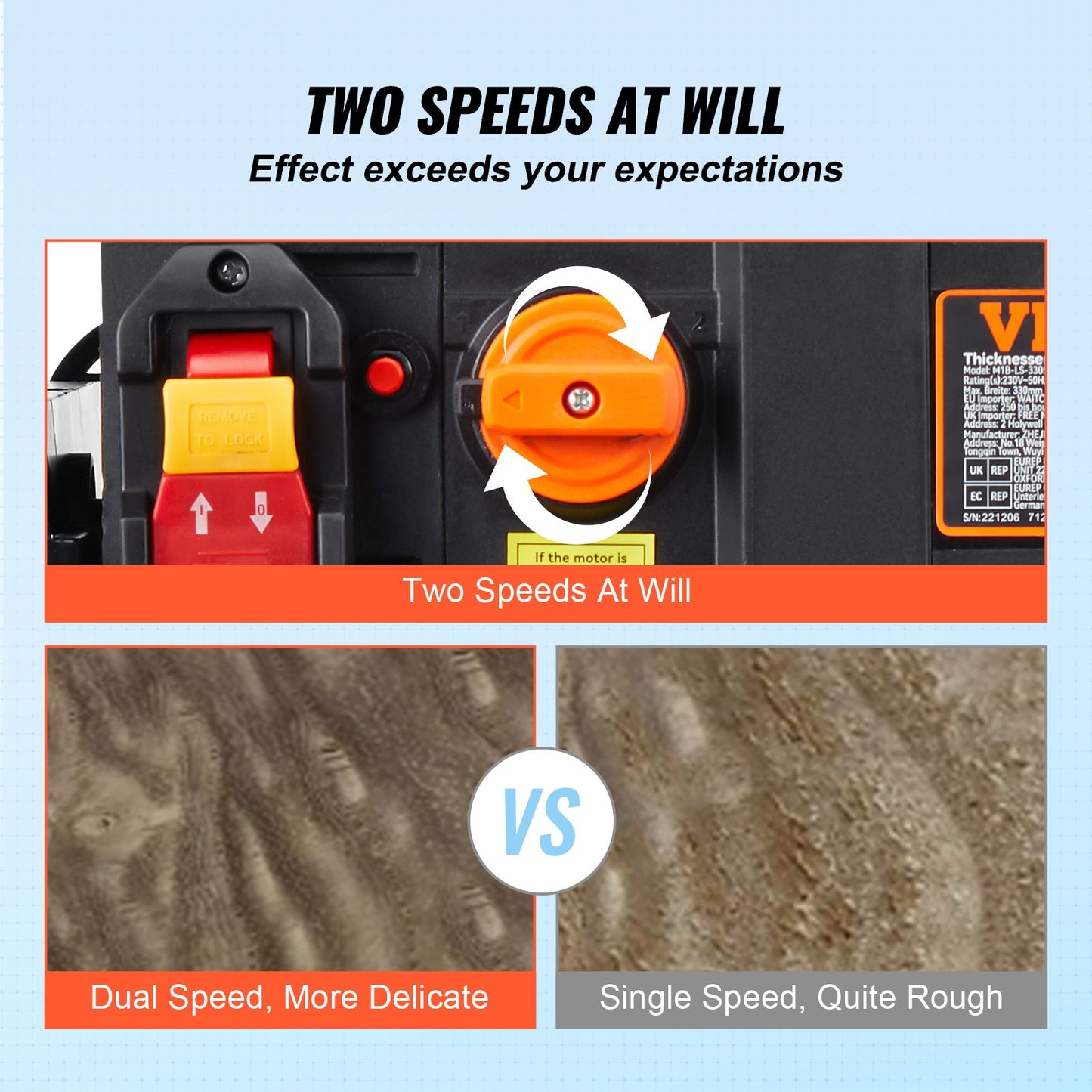 Abricht- und Dickenhobelmaschine mit zwei Geschwindigkeiten, 33 cm Breite, Tischhobel, drei Klingen, 15 Ampere, 2000 W, leistungsstarker Motor, 30 cm erweiterter Zufuhrtisch, geräuscharm für