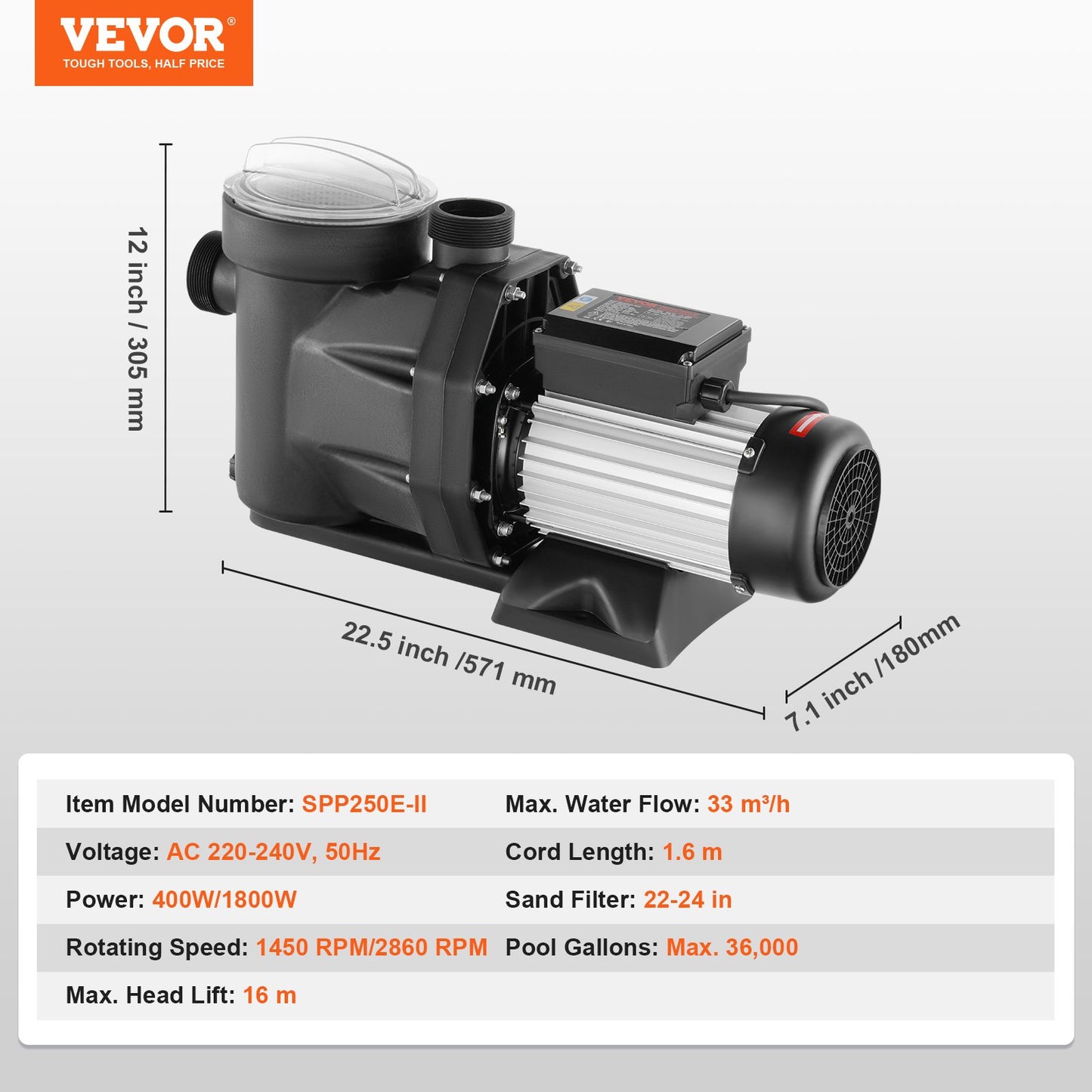 Schwimmbadpumpe, 1800 W, 2 PS, zwei Geschwindigkeiten, max. Durchfluss 33000 l/h, oberirdische Poolpumpe, 220 V–240 V, 1450/2860 U/min, Pumpe für oberirdische Pools, Spas, heiße Quellen, Bewässerungssysteme