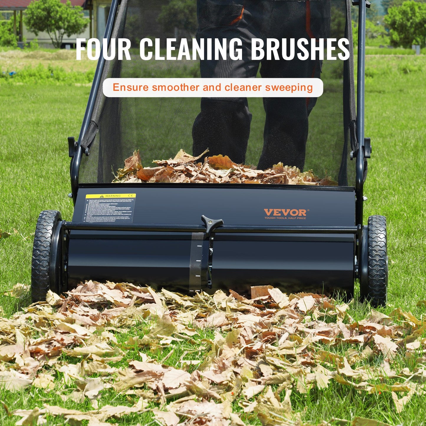 Push Lawn Sweeper, 26-inch Leaf & Grass Collector, Strong Rubber Wheels & Heavy Duty Thickened Steel, Durable to Use with Large Capacity 7 cu. ft. Mesh Collection Hopper Bag, 4 Spinning Brushes