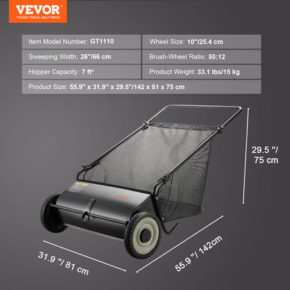 Push Lawn Sweeper, 26-inch Leaf & Grass Collector, Strong Rubber Wheels & Heavy Duty Thickened Steel, Durable to Use with Large Capacity 7 cu. ft. Mesh Collection Hopper Bag, 4 Spinning Brushes