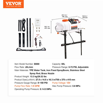 ATV Sprayer 60 L/15,9 Gal ATV/UTV Spot Sprayer med en munstycksbom 1,9 GPM