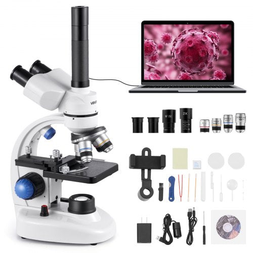 Trinocular Microscope, 40-5000X Magnification, Professional Compound Microscope for Adult with Phone Adapter, LED Light, Aluminum Alloy Body, for Lab, School, Home, Education