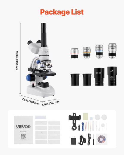 Trinocular Microscope, 40-5000X Magnification, Professional Compound Microscope for Adult with Phone Adapter, LED Light, Aluminum Alloy Body, for Lab, School, Home, Education