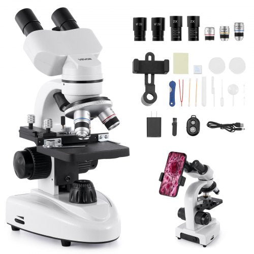Compound Binocular Microscope, 40-2000X Magnification, Professional Compound Microscope for Adult with Phone Adapter, LED Light, Aluminum Alloy Body, for Lab, School, Home, Education