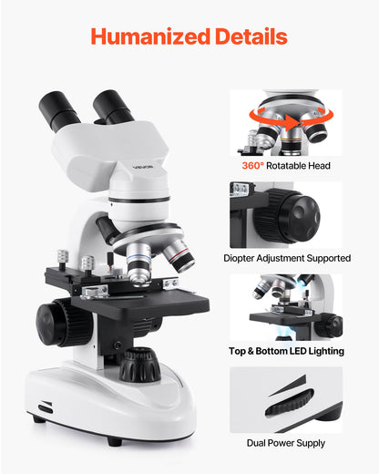 Compound Binocular Microscope, 40-2000X Magnification, Professional Compound Microscope for Adult with Phone Adapter, LED Light, Aluminum Alloy Body, for Lab, School, Home, Education