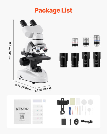 Compound Binocular Microscope, 40-2000X Magnification, Professional Compound Microscope for Adult with Phone Adapter, LED Light, Aluminum Alloy Body, for Lab, School, Home, Education
