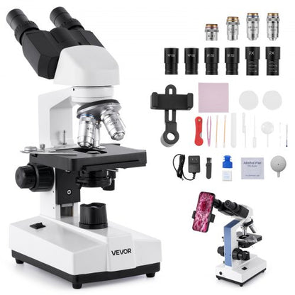 Binocular Microscope, 40-5000X Magnification, Professional Compound Microscope for Adult with Dual Stage and Two Sets of Eyepieces, Aluminum Alloy Body, Includes LED Light and Phone Holder
