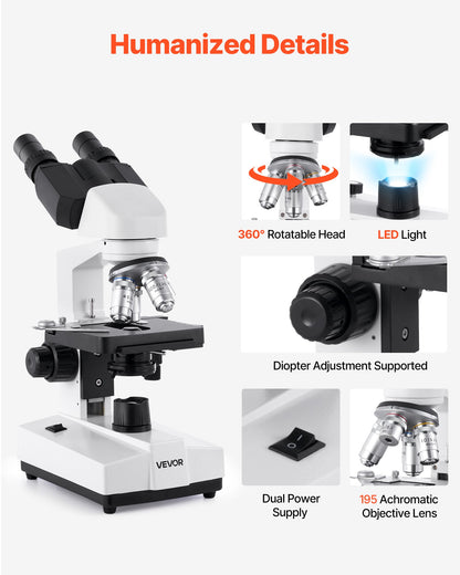 Binocular Microscope, 40-5000X Magnification, Professional Compound Microscope for Adult with Dual Stage and Two Sets of Eyepieces, Aluminum Alloy Body, Includes LED Light and Phone Holder