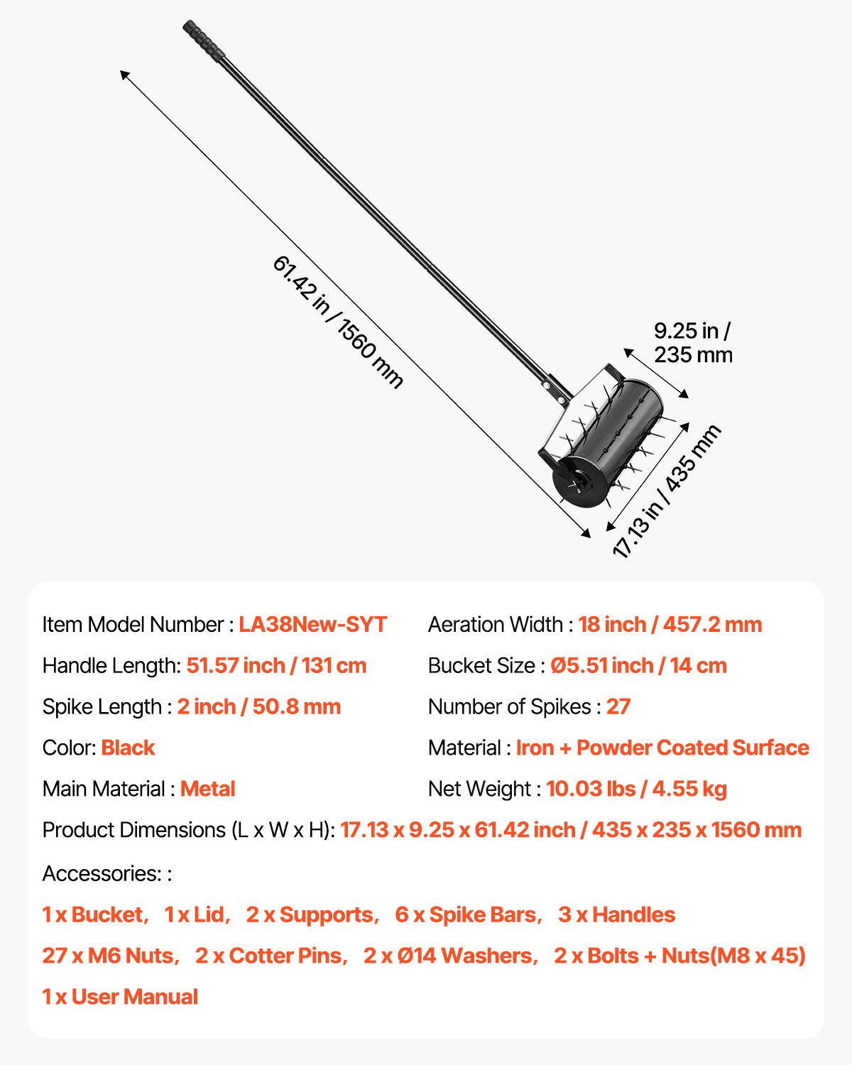 Rolling Lawn Aerator 18" Heavy Duty manuell rullande Aerator Lawn Black