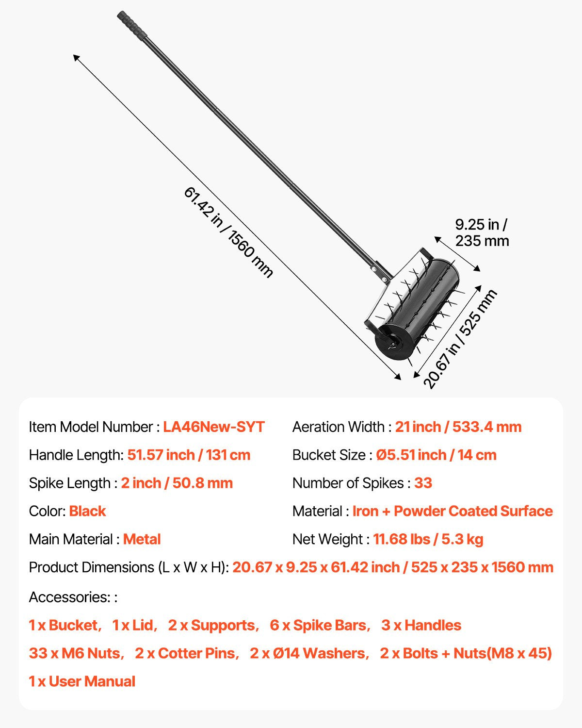 Rolling Lawn Aerator, 21-inch Heavy-Duty Manual Rolling Aerator Lawn with Detachable Handle and 33 Iron Spikes, Rolling Lawn Aeration Tool for Garden Patio Yard Compacted Soils and Lawns, Black