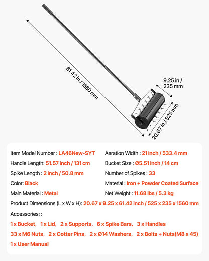 Rolling Lawn Aerator, 21-inch Heavy-Duty Manual Rolling Aerator Lawn with Detachable Handle and 33 Iron Spikes, Rolling Lawn Aeration Tool for Garden Patio Yard Compacted Soils and Lawns, Black