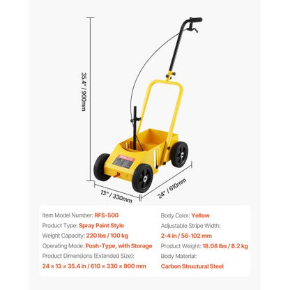 Linjemarkeringsmaskin, 610 x 330 x 900 mm, 4-hjulig, kraftig linjemarkeringsmaskin med 56-102 mm justerbar bredd, skapar tydliga kantlinjer för vägar, parkeringsplatser, idrottsplaner, gul |  EU