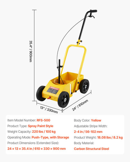 Striping Line Marking Machine, 24 x 13 x 35.4 inch, 4-Wheel, Heavy Duty Striping Line Machine with 2-4 inch Adjustable Width, Make Clear Edge Line for Roads, Parking Lots, Sports Field, Yellow