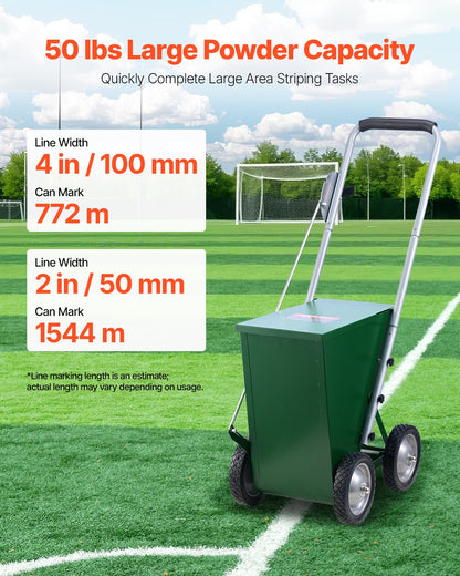 Dry Line Marker, 4-Wheel, 2 or 4 in Lines, Field Dry Line Chalker, Adjustable Line Marker, with Rubber Adjustment Handle, 50 lbs Large Powder Capacity, for Baseball and Softball Infield, Green