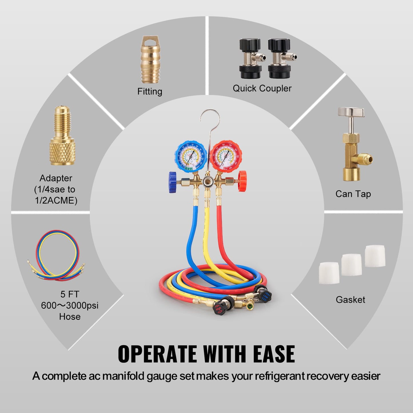 3-Wege-AC-Diagnose-Manometer-Kit, passend für Kältemittel R134A, R22, R12, R502, AC-Manometer-Kit mit 5-Fuß-Schläuchen, Anschlüssen, Dosenhahn für die Wartung von Autoklimaanlagen