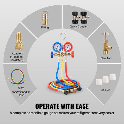 3-Wege-AC-Diagnose-Manometer-Kit, passend für Kältemittel R134A, R22, R12, R502, AC-Manometer-Kit mit 5-Fuß-Schläuchen, Anschlüssen, Dosenhahn für die Wartung von Autoklimaanlagen