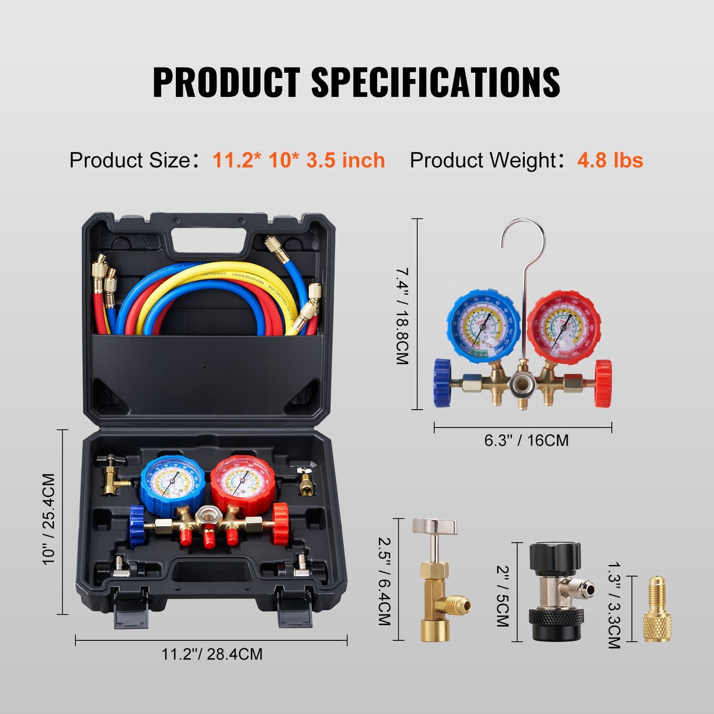 AC Gauge Set - 3 Way AC Manifold Gauge Set for R134A R22 R12 R502 Refrigerant, Freon Gauges with 5ft Hoses, Couplers, Can Tap Works on Car Auto Freon Charging and Evacuation