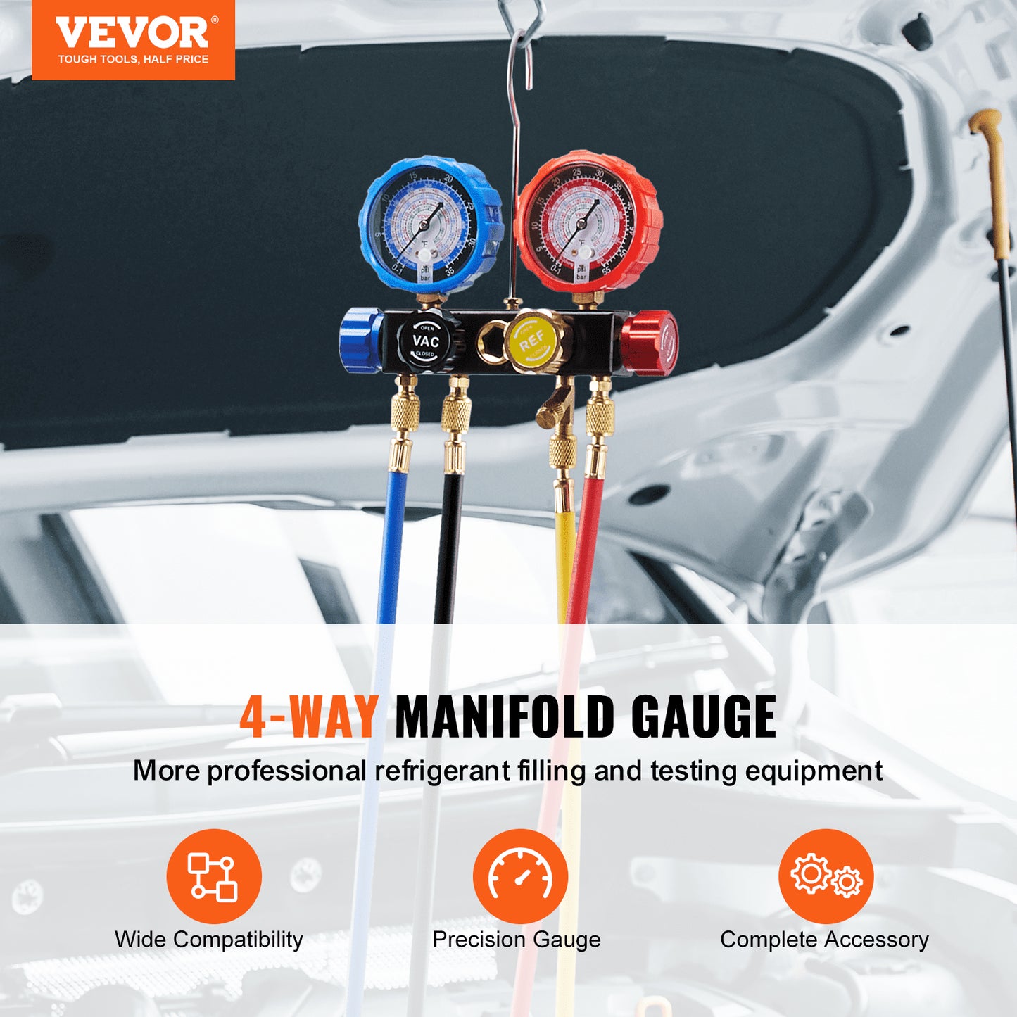 4 Way AC Gauge - AC Manifold Gauge Set for R134A R22 R12 R410A Refrigerant, Freon Gauge with 5 Feet Hoses, Couplings, Can Faucet Works on Car Auto Freon Charging and Evacuation
