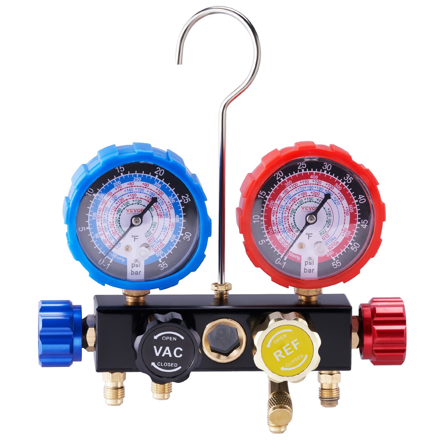 4 Way AC Gauge - AC Manifold Gauge Set for R134A R22 R12 R410A Refrigerant, Freon Gauge with 5 Feet Hoses, Couplings, Can Faucet Works on Car Auto Freon Charging and Evacuation