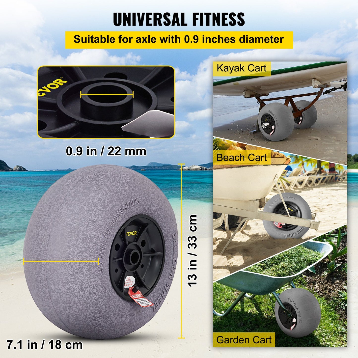 Beach Balloon Wheels, 13" ersättningssanddäck, TPU Cart-däck för Kayak Dolly, Kanotvagn och Buggy med gratis luftpump, 2-pack