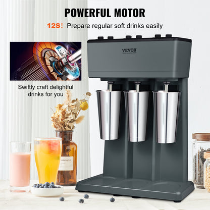 Milkshake Maker, 375W x 3 Electric Milkshake Machine, Triple Heads Drink Mixer Blender Machine, 3-Speed Milkshake Mixer with 3 x 820 ml Stainless Steel Cups, for Commercial and Home