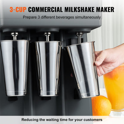 Milkshake Maker, 375W x 3 Electric Milkshake Machine, Triple Heads Drink Mixer Blender Machine, 3-Speed Milkshake Mixer with 3 x 820 ml Stainless Steel Cups, for Commercial and Home