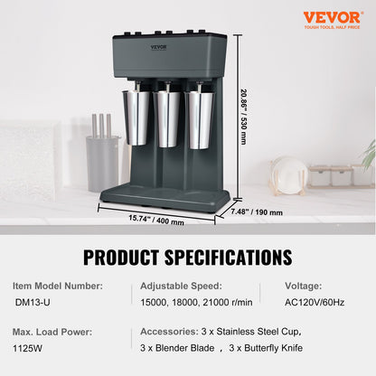Milkshake Maker, 375W x 3 Electric Milkshake Machine, Triple Heads Drink Mixer Blender Machine, 3-Speed Milkshake Mixer with 3 x 820 ml Stainless Steel Cups, for Commercial and Home