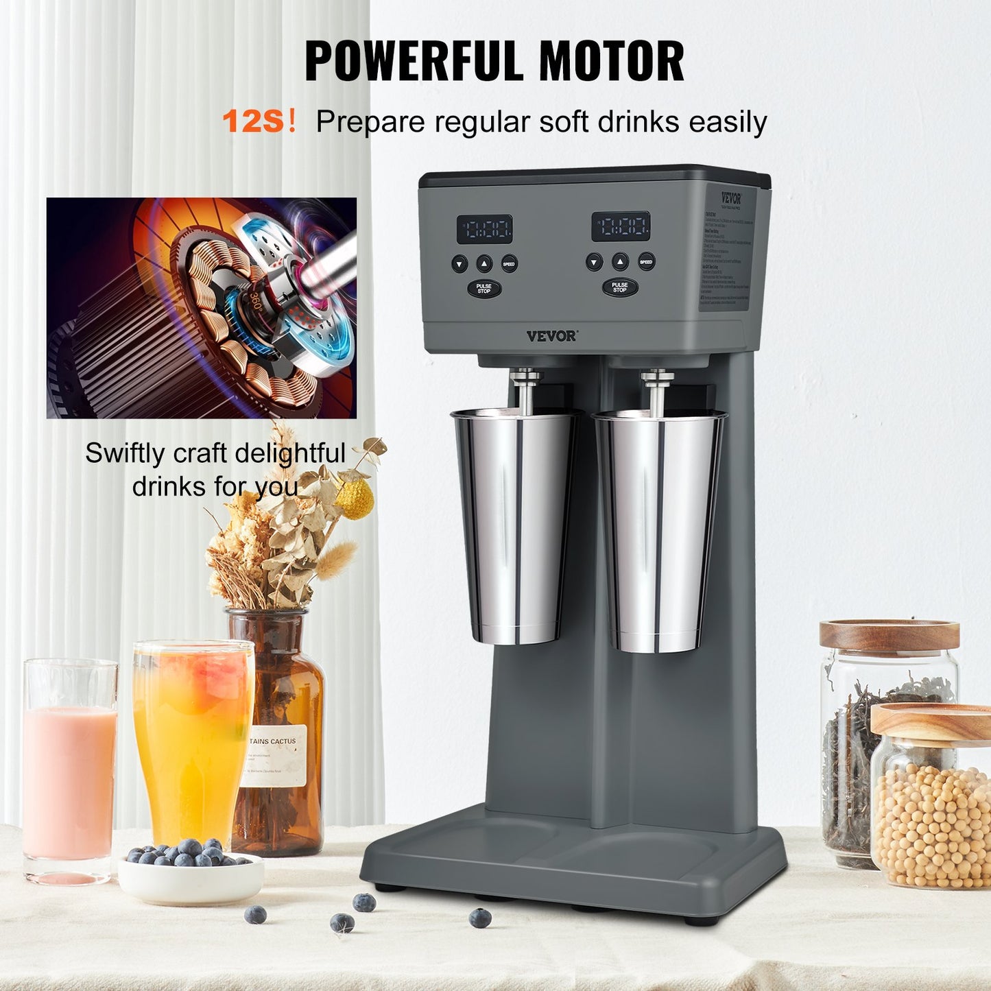 Milkshake Maker, 375W x 2 Electric Milkshake Machine, Commercial Double Heads Drink Mixer Blender, LED Intelligent Microswitch, 3-Speed Milkshake Mixer with 2 x 820 ml Stainless Steel Cups