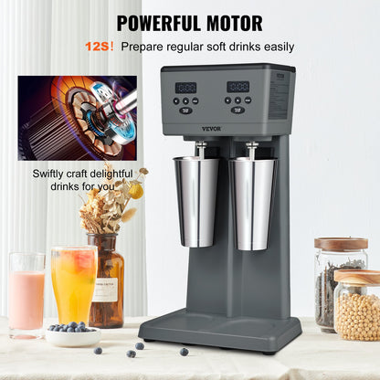 Milkshake Maker, 375W x 2 Electric Milkshake Machine, Commercial Double Heads Drink Mixer Blender, LED Intelligent Microswitch, 3-Speed Milkshake Mixer with 2 x 820 ml Stainless Steel Cups