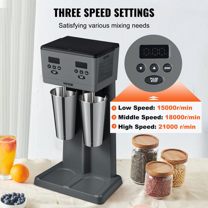 Milkshake Maker, 375W x 2 Electric Milkshake Machine, Commercial Double Heads Drink Mixer Blender, LED Intelligent Microswitch, 3-Speed Milkshake Mixer with 2 x 820 ml Stainless Steel Cups
