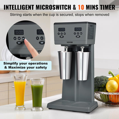 Milkshake Maker, 375W x 2 Electric Milkshake Machine, Commercial Double Heads Drink Mixer Blender, LED Intelligent Microswitch, 3-Speed Milkshake Mixer with 2 x 820 ml Stainless Steel Cups