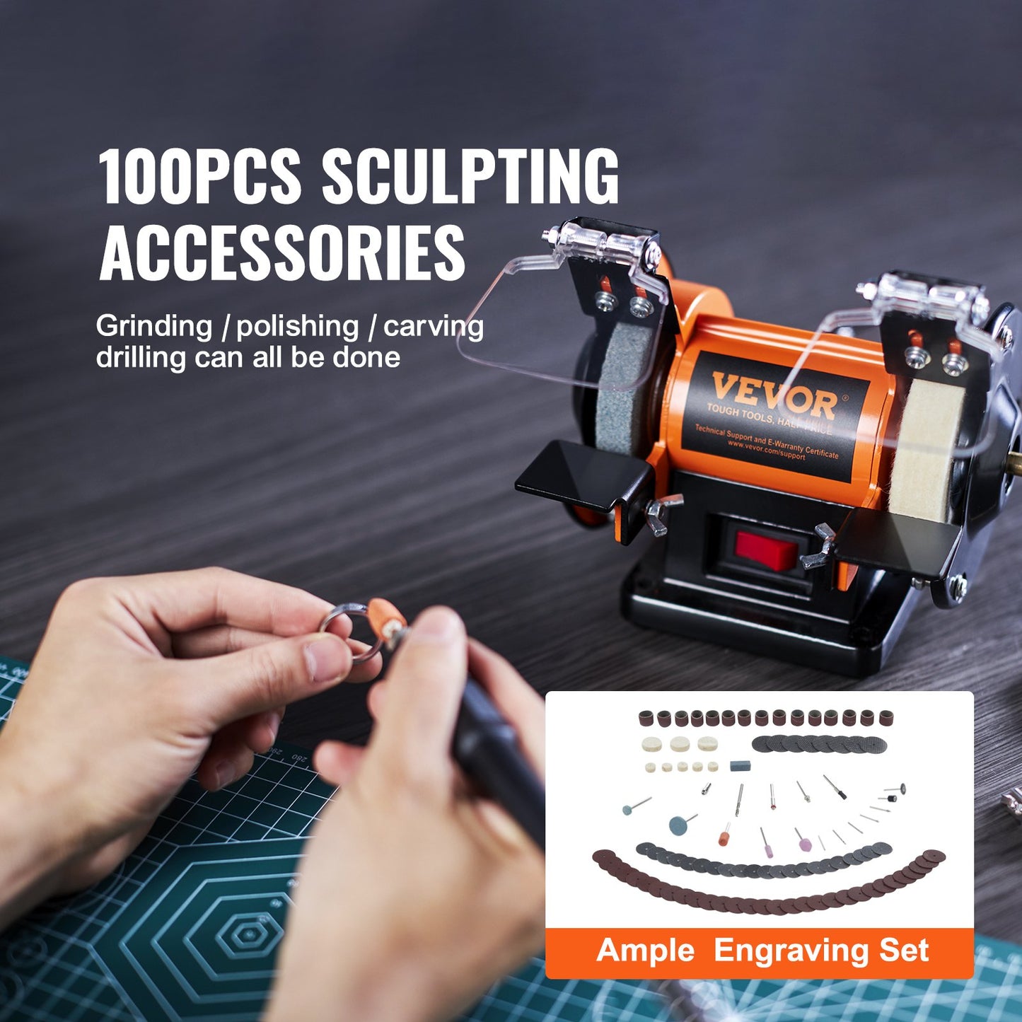 Jewelry Polisher, Bench Grinder Polishing & Buffing Machine, 3590RPM Bench Lathe Polisher with 1 Wool Wheel & 1 Abrasive Fiber Wheel & 1 Grinding Wheel & 100pcs Tools