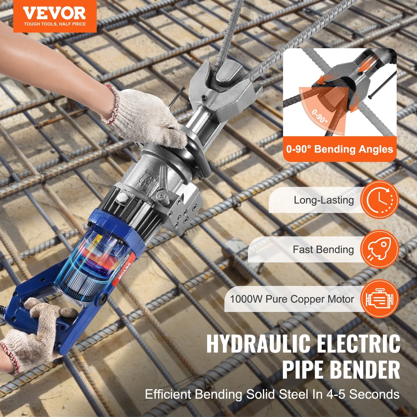 1000 W elektrischer hydraulischer Bewehrungsbieger für bis zu 5/8 Zoll #5 (6-16 mm) Bewehrungsstahl