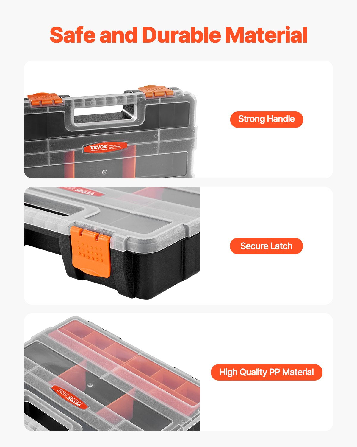 3-Pack Small Parts Organizer, 21 Compartments Tools Organizer Box with Removable Dividers, High-Quality PP Hardware Storage Box with Safety Latch & Portable Handle for Nuts, Bolts, Screws, Nails