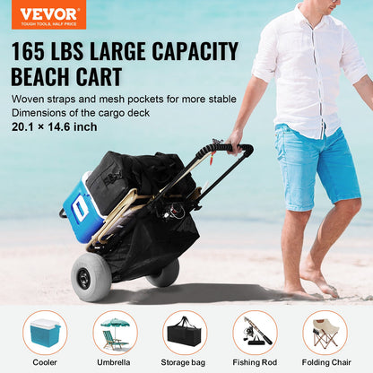 Beach Dolly with Large Wheels for Sand, 20.1" x 14.6" Load Tires, with 9" Balloon Wheels, 165 LBS Load Capacity Foldable Sand Cart and 27.2" to 44.9" Adjustable Height, Heavy Duty Cart for the Beach