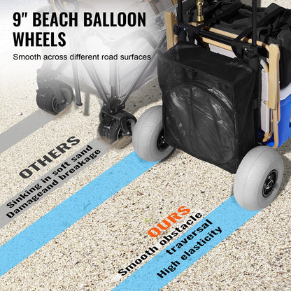 Beach Dolly with Large Wheels for Sand, 20.1" x 14.6" Load Tires, with 9" Balloon Wheels, 165 LBS Load Capacity Foldable Sand Cart and 27.2" to 44.9" Adjustable Height, Heavy Duty Cart for the Beach