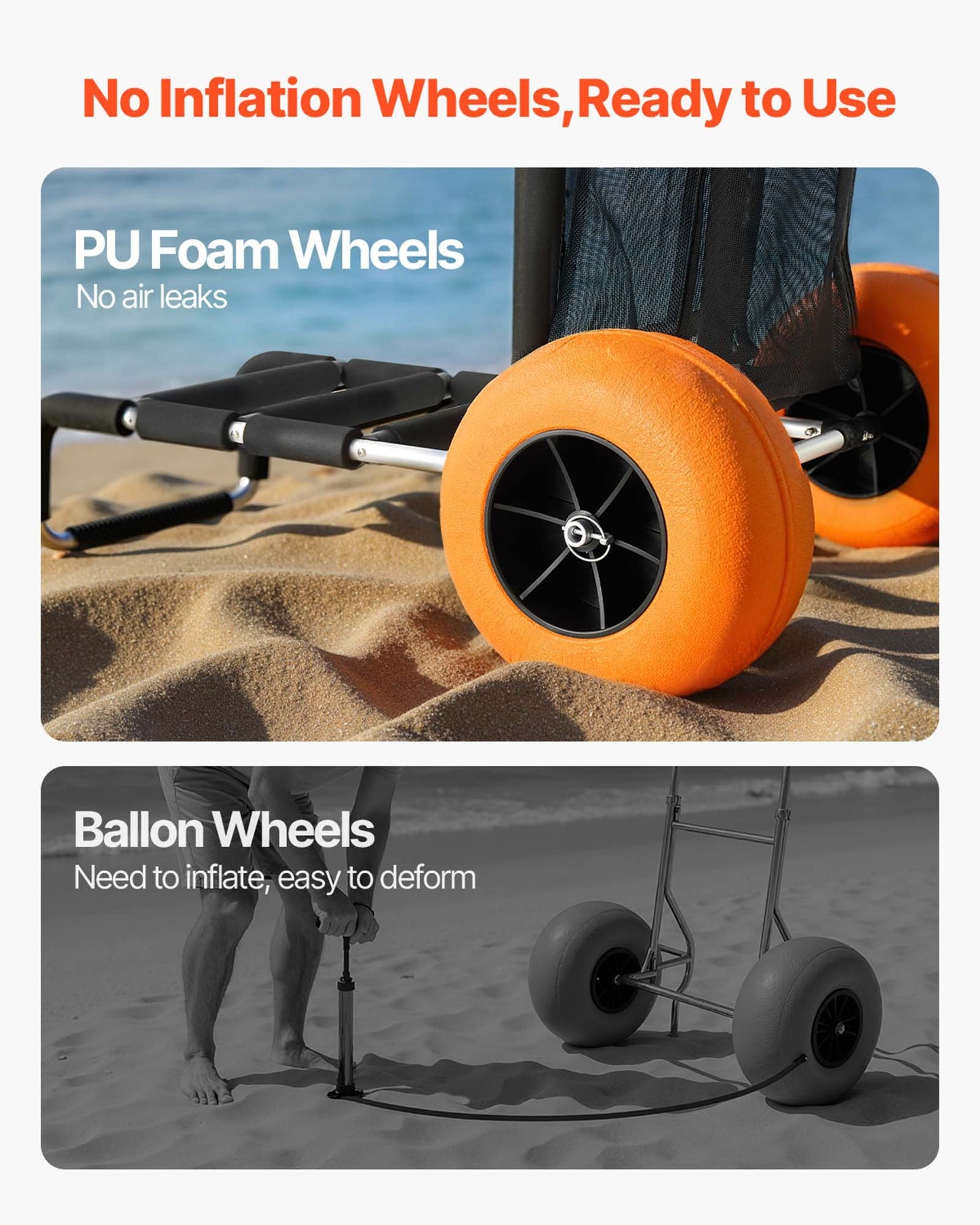 Beach Dolly with Big Wheels for Sand, 29.9" x 15.4" Cargo Deck, w/ 12" Solid Wheels, 165LBS Loading Capacity Folding Sand Cart & 27" to 44.7" Adjustable Height, Heavy Duty Cart for Beach