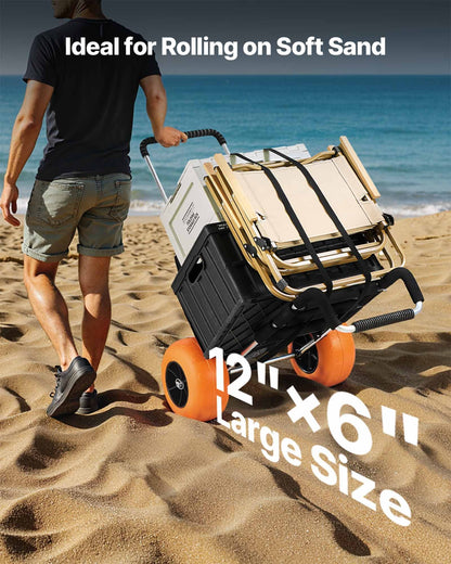 Beach Dolly with Big Wheels for Sand, 29.9" x 15.4" Cargo Deck, w/ 12" Solid Wheels, 165LBS Loading Capacity Folding Sand Cart & 27" to 44.7" Adjustable Height, Heavy Duty Cart for Beach