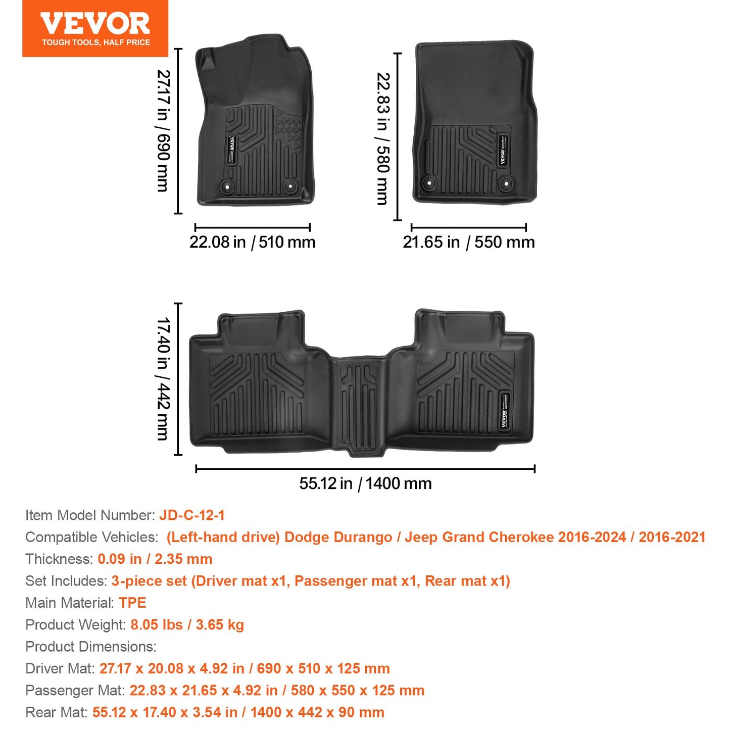 Automotive Floor Mats, Fits for Dodge Durango / Jeep Grand Cherokee 2016-2024 / 2016-2021, 3 pcs Front and 2nd Row Liners, All Weather Custom Fit TPE Vehicle Floor Mats, Easy to Clean, Black