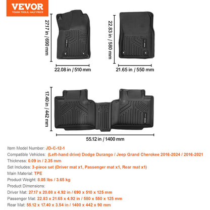 Automotive Floor Mats, Fits for Dodge Durango / Jeep Grand Cherokee 2016-2024 / 2016-2021, 3 pcs Front and 2nd Row Liners, All Weather Custom Fit TPE Vehicle Floor Mats, Easy to Clean, Black