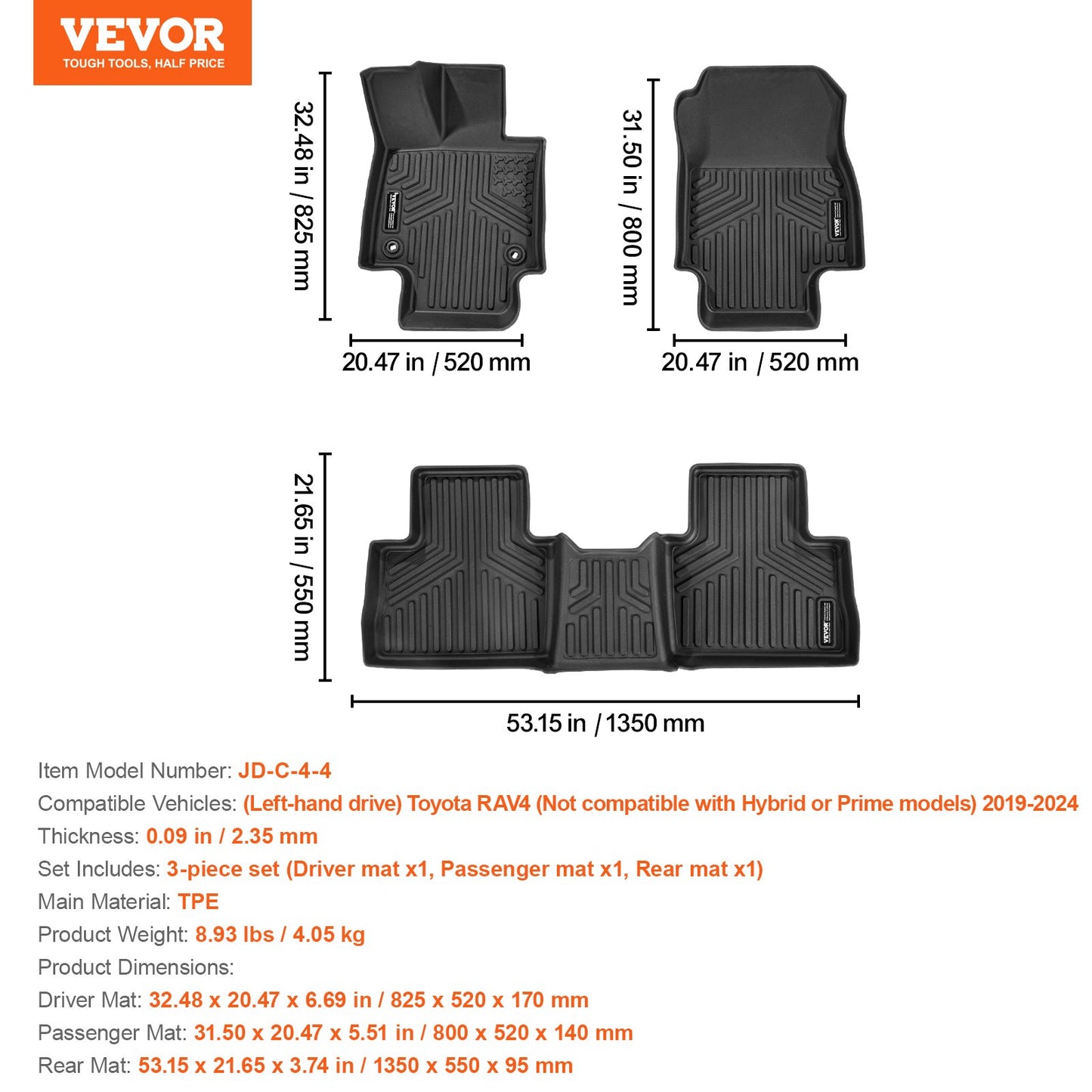 Automotive Floor Mats, Fits for Toyota RAV4 (Not for Hybrid or Prime) 2019-2024, 3 pcs Front and 2nd Row Liners, All Weather Custom Fit TPE Vehicle Floor Mats, Easy to Clean for SUV, Black