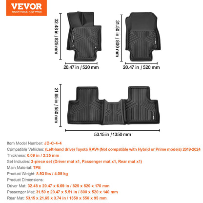 Automotive Floor Mats, Fits for Toyota RAV4 (Not for Hybrid or Prime) 2019-2024, 3 pcs Front and 2nd Row Liners, All Weather Custom Fit TPE Vehicle Floor Mats, Easy to Clean for SUV, Black