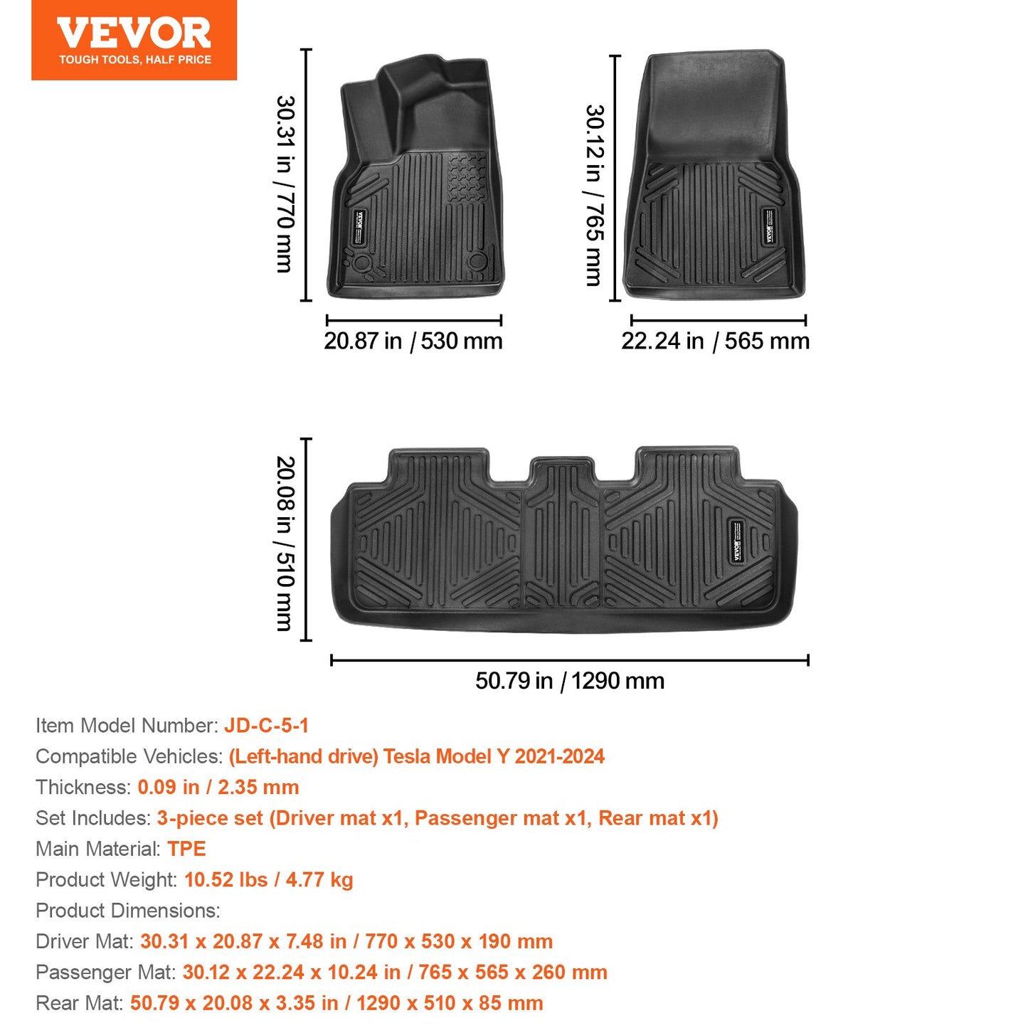 Automotive Floor Mats, Fits for Tesla Model Y 2021-2024, 3 pcs Front and 2nd Row Liners, All Weather Custom Fit TPE Vehicle Floor Mats, Easy to Clean and Secure Floor Liners for SUV, Black
