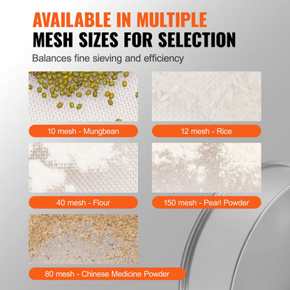 Flour Sieve Fine Mesh, 80 Mesh Flour Sifter, 304 Stainless Steel Fine Mesh Sifter Food-grade, Dia. 12.6" Fine Mesh Strainers for Baking, 5 Sizes Mesh hole for Mungbean, Rice, Flour, Pearl Powder